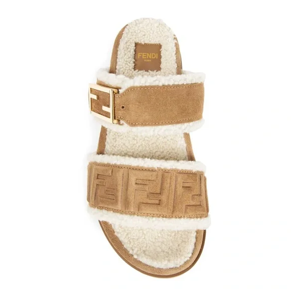 FENDI Feel FF logo shearling lined suede leather slides sandals - Picture 3 of 8
